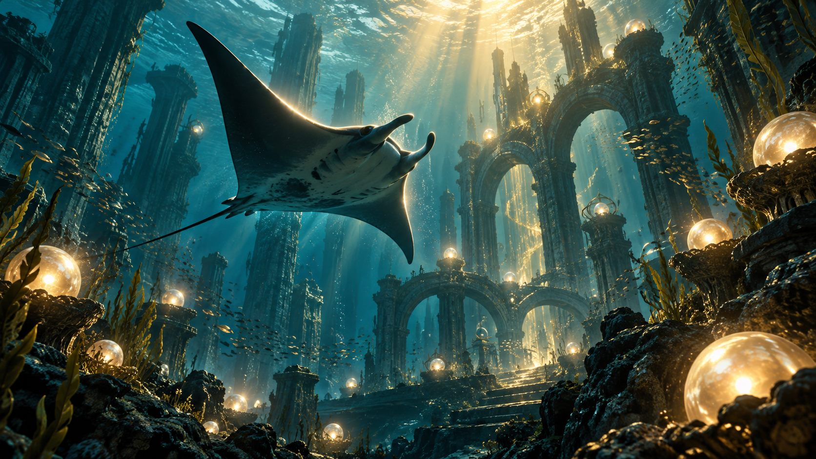 Original editorial illustration of a manta ray in an underwater scene